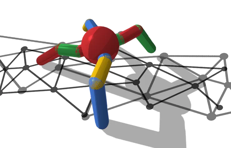 Cartoon of a reinforcement learning "spider" navigating a node-and-linker surface