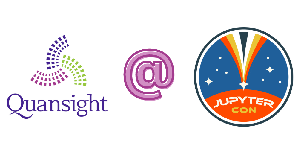 Three-panel left to right composite of: Quansight logo; stylized '@' symbol; and JupyterCon logo