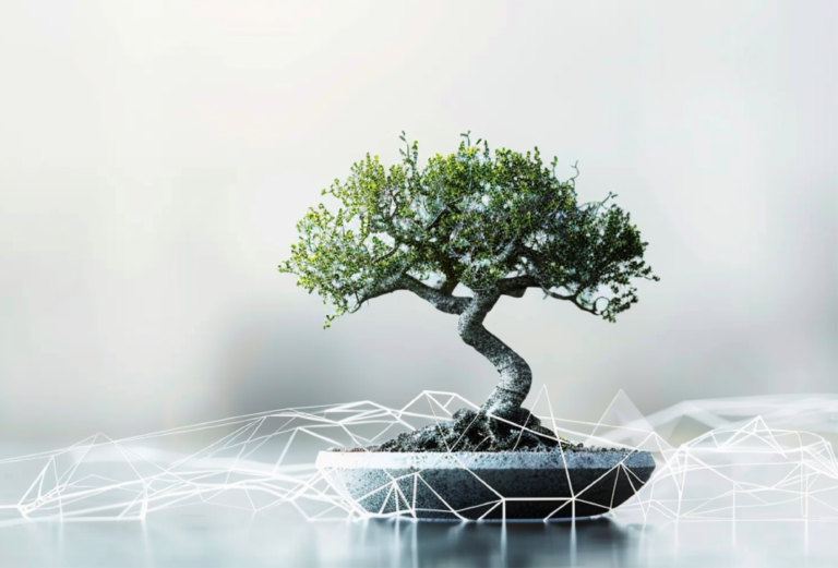 A stylized image of a lone bonsai tree growing on a wireframe platform amidst clouds and mist.
