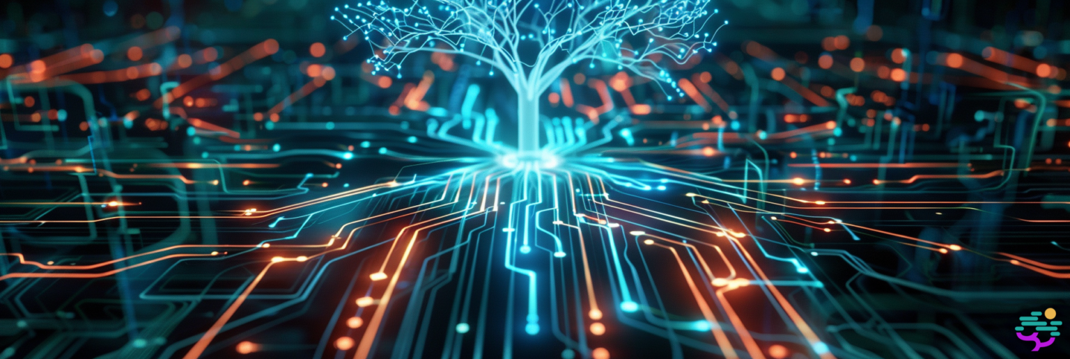 Image of an abstract technological landscape with a glowing digital tree surrounded by circuit board patterns and illuminated nodes.