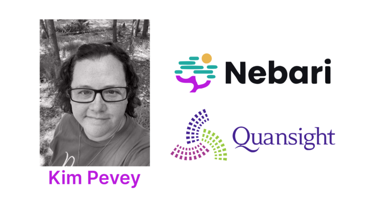 The image shows a photo of Kim Pevey, and the Nebari and Quansight's logo.