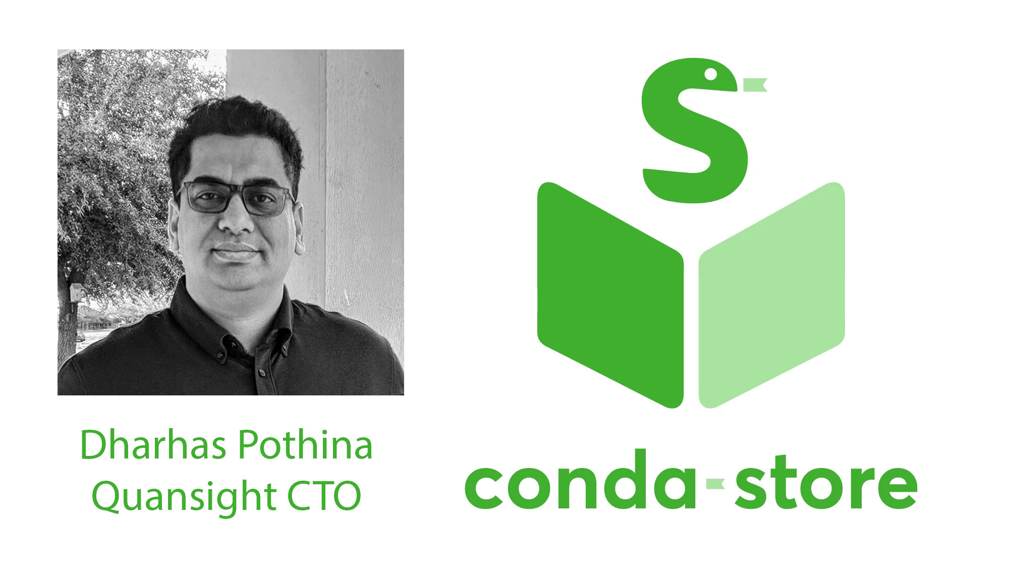 The image shows a photo of Dharhas Pothina, and the conda-store logo.