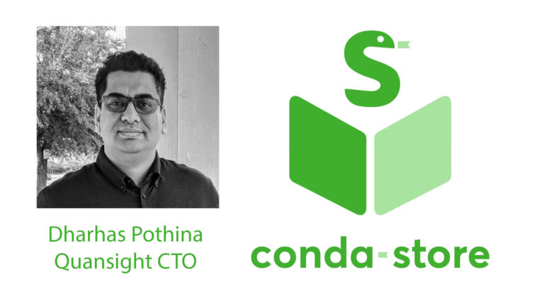 The image shows a photo of Dharhas Pothina, and the conda-store logo.