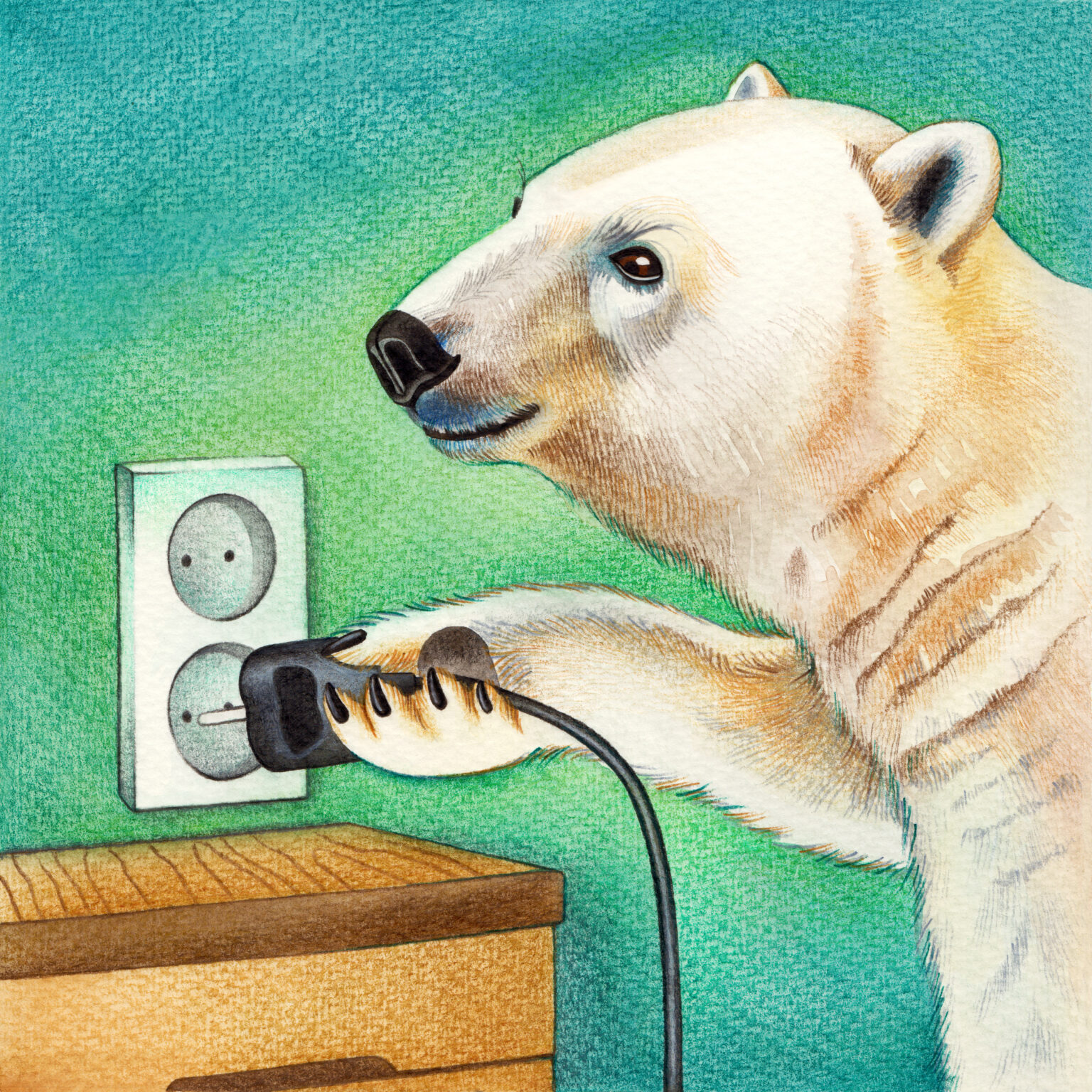 A square watercolor illustration of a polar bear plugging an electric plug into a wall socket, symbolizing the connection and power of using Polars for geocoding and reverse-geocoding tasks.