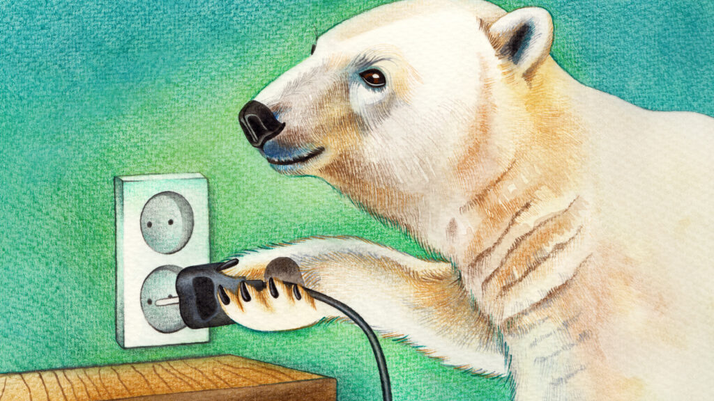 A watercolor illustration of a polar bear plugging an electric plug into a wall socket, symbolizing the connection and power of using Polars for geocoding and reverse-geocoding tasks.