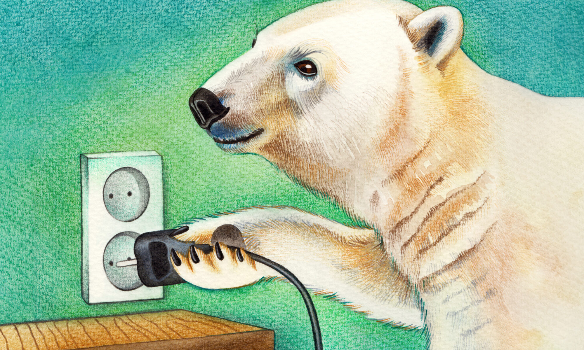 A watercolor illustration of a polar bear plugging an electric plug into a wall socket, symbolizing the connection and power of using Polars for geocoding and reverse-geocoding tasks.