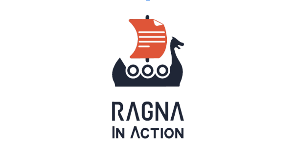 The image shows the logo for Ragna. It features a stylized Viking ship with a dragon figurehead and three round shields along the side. The sail is depicted as a reddish-orange sheet of paper with white lines representing text. Below the ship, the word "RAGNA" is written in a modern, bold font. This logo symbolizes Ragna’s role in navigating and harnessing the power of data and AI technology, much like a Viking ship exploring and conquering new territories. The words, Ragna In Action appear below.