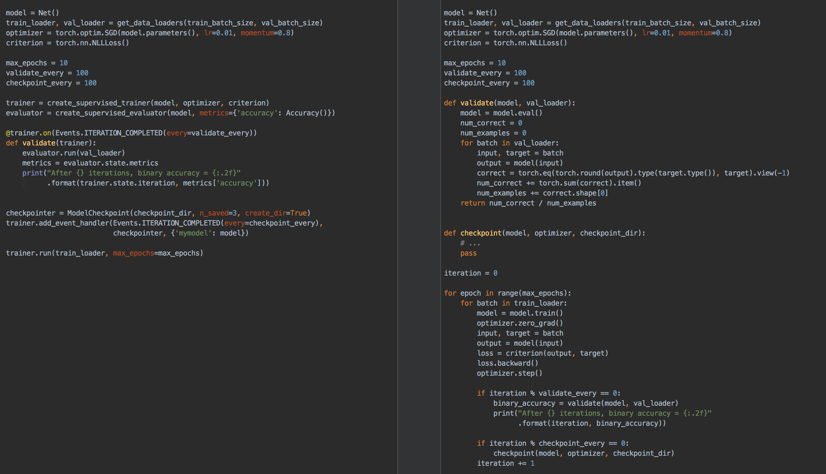 The image compares the implementation of a machine learning model training loop using PyTorch Ignite on the left and PyTorch on the right. The PyTorch Ignite code snippet illustrates a simplified and high-level approach. On the right, the PyTorch implementation demonstrates a more detailed, low-level approach, manually defining the training loop, validation function, and checkpoint saving mechanism. The comparison highlights the more concise and structured code provided by PyTorch Ignite for the same tasks.