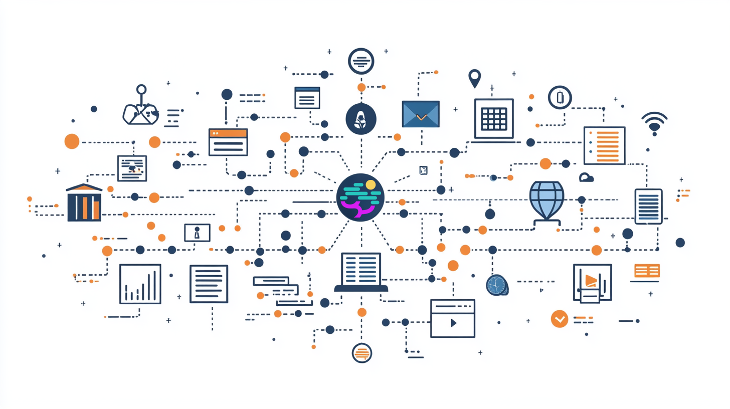 This is an illustrated flowchart of Nebari-Slurm's capabilities, depicting how it integrates and supports various sectors, including education, business, government, and finance. The chart shows a central hub symbolizing Nebari-Slurm, with multiple dotted lines extending outward, connecting to icons representing different tools and functions: books and laptops for education, documents and email for business, a government building for public sector usage, and financial charts for finance. The diagram highlights interconnected nodes that emphasize resource management, data handling, communication, and secure information sharing, showcasing Nebari-Slurm’s versatile applications across diverse organizational needs.