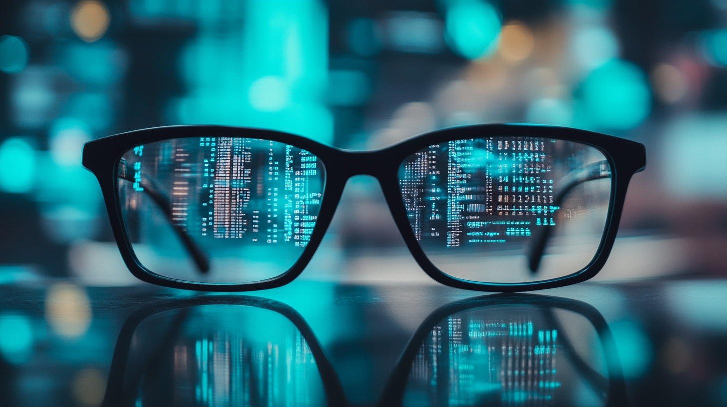 A pair of glasses with computer code reflected in the lenses, symbolizing a forward-thinking and focused approach to advancing DataFrame workflows and exploring modern tools like pandas, Polars, and DuckDB. The image evokes innovation, clarity, and a vision for the future of data analysis.