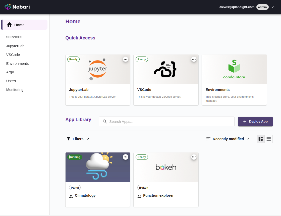 Screenshot of the Nebari platform's home page showing the main dashboard. The interface includes a 'Quick Access' section with icons for JupyterLab, VSCode, and conda-store for Environments, along with a separate 'App Library' section featuring applications such as Panel, called 'Climatology,' and Bokeh called 'Function Explorer.' A navigation menu on the left lists services like JupyterLab, VSCode, Environments, Argo, Users, and Monitoring.